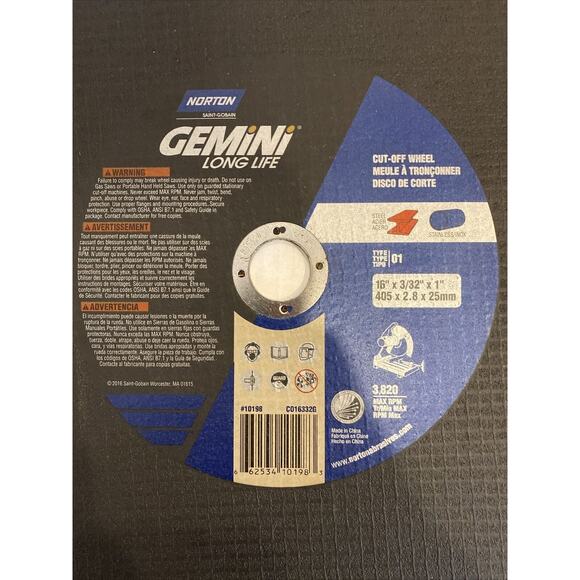 Norton Gemini Cutoff Wheel 16 X 3/32 X 1 Long Life 3820 RPM Type 01 Steel - Picture 2 of 4